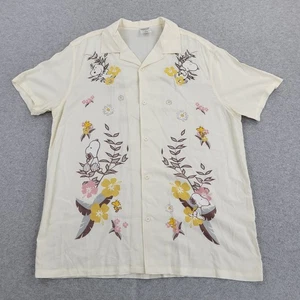 Peanuts Snoopy Shirt Mens Large 100% Rayon Beige Floral Embroidery Button Up - Picture 1 of 9