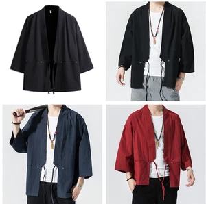 Men's Kimono Jacket Cardigan Lightweight Casual Linen Outerwear Open Front Coats - Picture 1 of 28