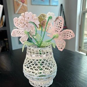 Handcrafted Crochet Floral Arrangement in Pastel Colors- glues to mold, stands - Picture 1 of 5