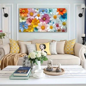 Vibrant Daisy Floral Canvas Unframed Canvas Painting for Living - Picture 1 of 6