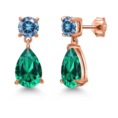 18K Rose Gold Plated Silver Nano Emerald and Persian Blue Moissanite Teardrop - Image 1 of 4