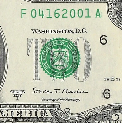 APRIL 16 2001 Birthday Date Note Fancy Serial Number Two Dollar Bill Crisp UNC - Image 1 of 4