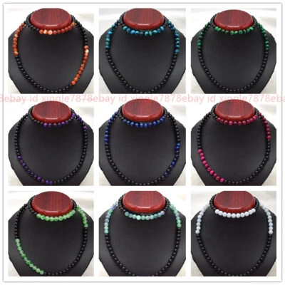 Bonito collar largo de cuentas redondas de ágata negra y piedras preciosas multicolores de 8 mm 24" Foto 1 de 4