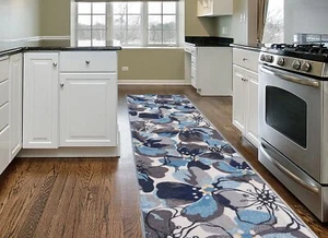 Modern Large Floral Non-Slip Non-Skid Runner Rug 2' x 10' Gray-Blue - Picture 1 of 6