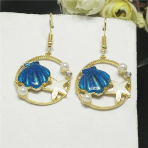 New Gold Blue Enamel Pearl & Crystal Starfish Seashell Hook Dangle Drop Earrings - Picture 1 of 6