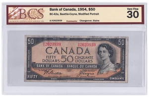 BCS Graded VF 30 1954 Canada 50 Dollars Banknote - Picture 1 of 2
