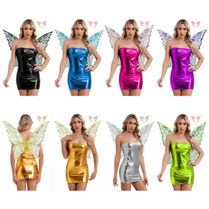 Women Minidress Wet Look Dresses And Wings Sheer Angel Outfit Butterfly Shiny - Picture 1 of 54