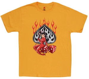 Men's t-shirt devil girl dice checkered flag rockabilly racing tee shirt yellow - Picture 1 of 1