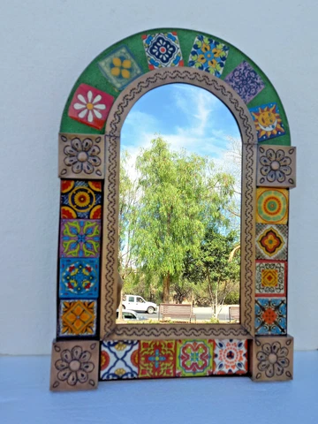 PUNCHED TIN MIRROR arched with mixed talavera tile mexican folk art Cover