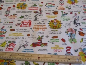 White Dr Seuss Cat In The Hat Cooking Words and Characters Cotton Fabric BTY - Picture 1 of 1