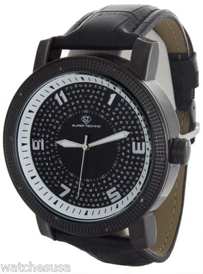 Reloj con correa de cuero con esfera negra diamante Super Techno M-6010 para hombre Foto 1 de 3