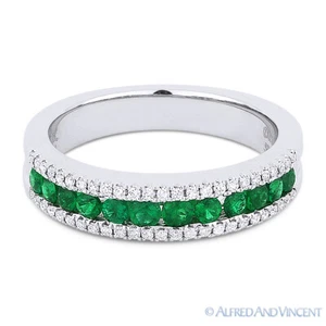 0.63 ct Round Cut Emerald & Diamond 18k White Gold Anniversary Ring Wedding Band - Picture 1 of 1
