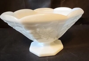 Vintage White Milk Glass Pedestal Footed Fruit Bowl Grape Vine & Leaf Pattern 9" - Picture 1 of 13