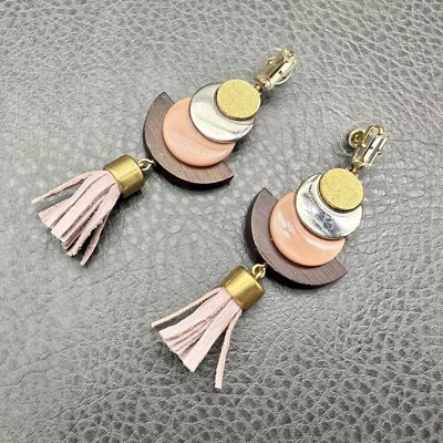 J. Crew Earrings Retro Wood Silver Tone Beads Pink Leather Fringe Tassels 3.25" - Image 1 of 4