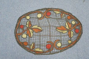 Antique European Hand Embroidered Needlework on Metallic Woven Doily 15" x 23" - Picture 1 of 8