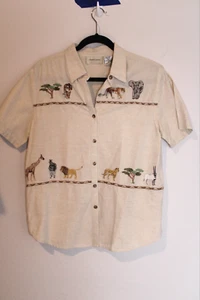 Vintage Zitronengras Damen Leinenmischung Knopfleiste M hellbraun Tier bestickt Safari - Bild 1 von 7