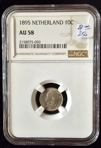 1895 Netherlands 10 Cents  NGC AU 58 Key Wilhelmina Silver Coin - Picture 1 of 2