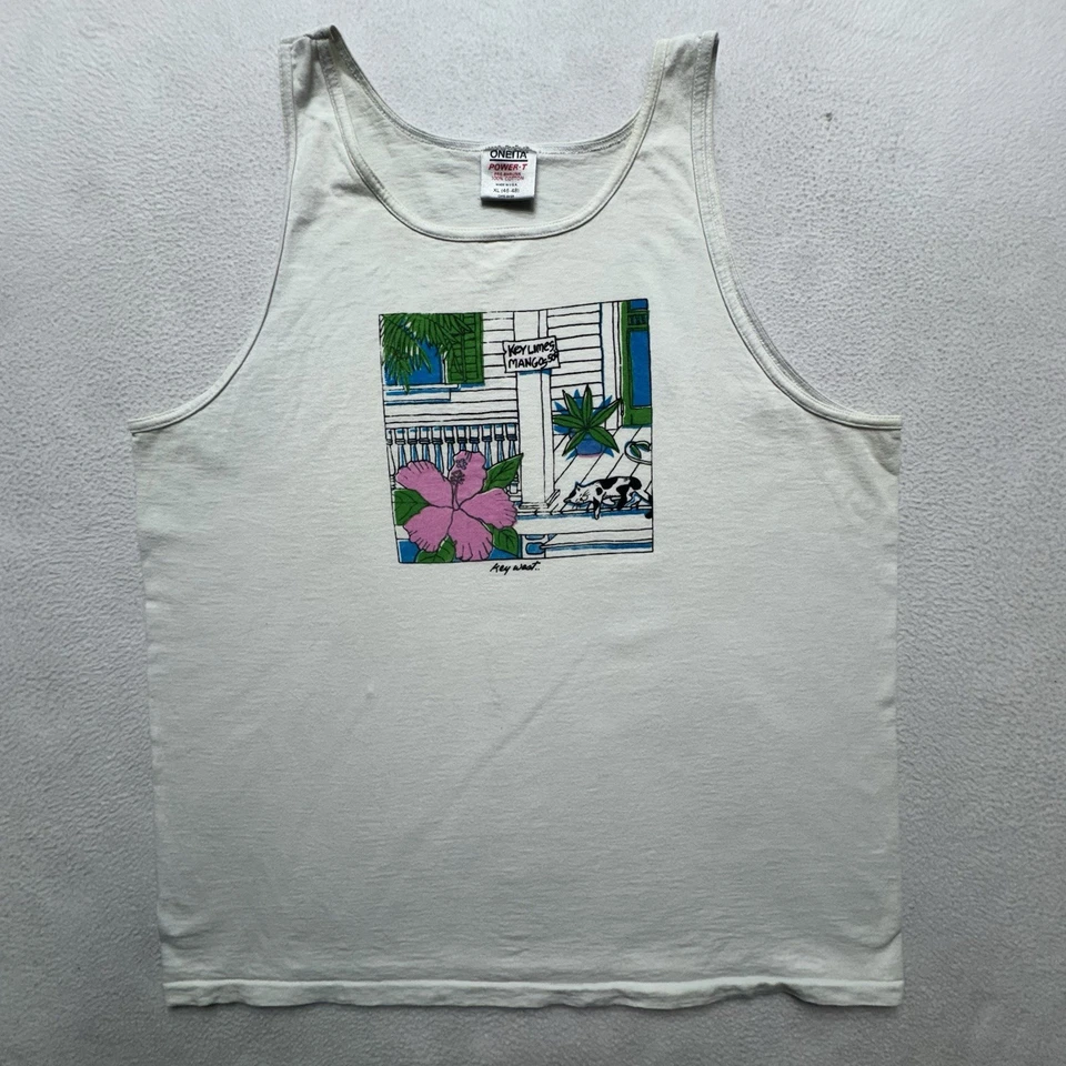 Vintage 90s Key West Tank Top Oneita Power-T Made in USA XL Tropical Cat Print - Image 1 of 4