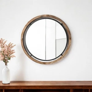 24" Brown And Black Round Metal And Wood Framed Accent Mirror - Picture 1 of 9