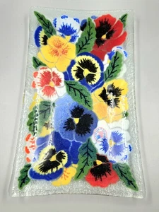 *Vtg Signed Peggy Karr Studio Pansy Rectangle Platter Fused Glass Tray 9.5"×5"* - Picture 1 of 6