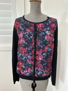 Y2K David Lawrence Black Merino Wool Cardigan Floral Silk Design XL 14 16 - Picture 1 of 15