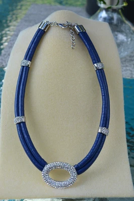 Beautiful Fashion Blue Leather and Clear Rhinestone Collar Necklace - Image 1 of 4