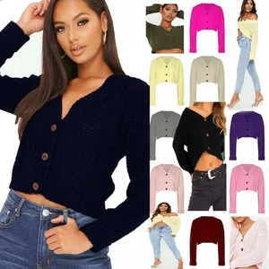 Grobstrick-Cardigan Damen Frauen Zopfmuster 3 Knöpfe lange Ärmel kurzes bauchfreies Oberteil - Bild 1 von 19
