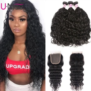 Cambodian Water Wave Human Hair Extensions 3 Bundles with Lace Closure Weaves US - Picture 1 of 12