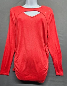 Como Top Ladies Large Red Long Sleeve Top Key Hole Rhinestones Ruched Women's - Picture 1 of 17