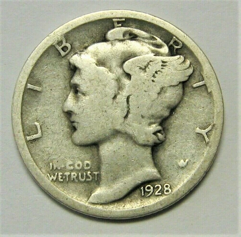 1928 D Mercury Dime circulated 90% Silver  Good G , avg. circulated Cover