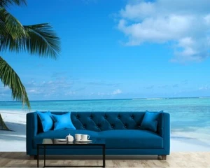 Dormitorio Foto Mural Papel Pintado 254x183cm Blanco Playa Paisaje Palmas Azul - Imagen 1 de 5