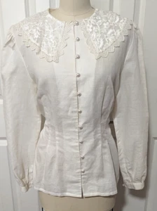 Vtg Hasting Smith Victorian BLOUSE 80s 90s White Cotton Cottagecore Lace LS 12 - Picture 1 of 7