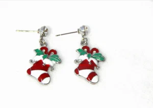 ENAMEL CHRISTMAS STOCKINGS DANGLE EARRINGS,RED/WHITE,GREEN ACCENTS-SIZE SMALL - Picture 1 of 7