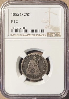 1856-O NGC F12 Liberty Seated Quarter 25c - New Orleans Mint - Image 1 of 2