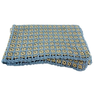 Handmade Baby Blanket Crocheted Boy Afghan Blue Brown Windowpane Throw Soft - Image 1 of 4
