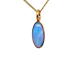 Victorian Black Opal Pendant 14K Gold Antique 1880s Oval Cabochon Gem Quality - Picture 1 of 5