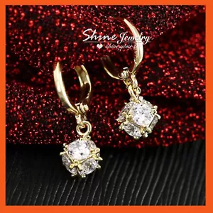 9K GOLD GF DAZZLING CRYSTAL BEAD BALL DROP DANGLE LADY PARTY DANCE HOOP EARRINGS - Picture 1 of 6