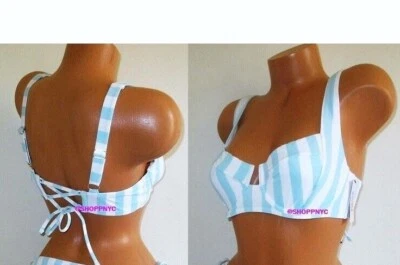 Top de bikini Victoria Secret Swim 34C con cordones espalda y tiras blanco azul a rayas Foto 1 de 4
