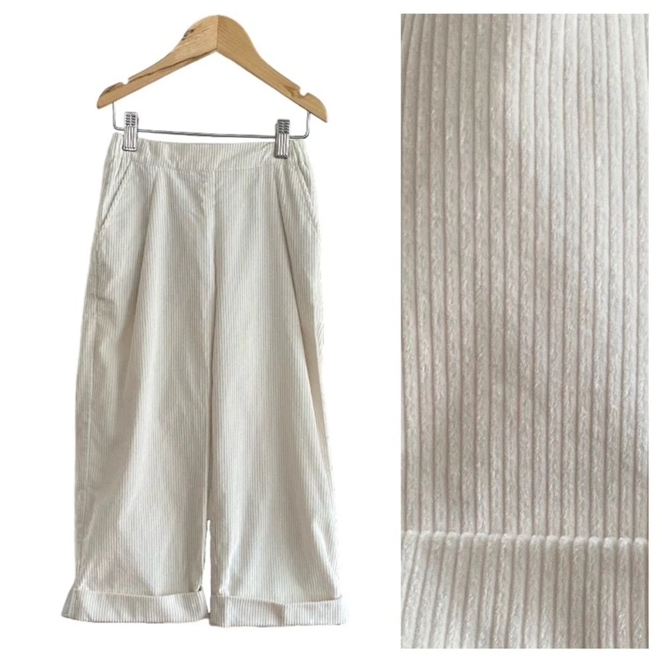 Brunello Cucinelli Kids Cream White Ribbed Wide Leg Corduroy Trousers Pants - Image 1 of 4