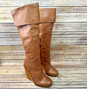 Lauren Ralph Lauren Womens Wilda Knee High Wooden Wedge Heel Leather Boots 8B - Picture 1 of 13