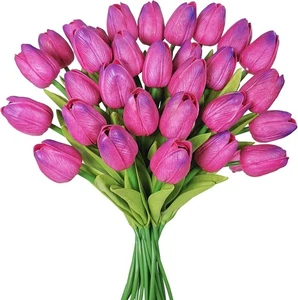 30 pcs Artificial Fuchsia Tulip Flowers PU Real Touch Tulips Faux Rose Red  - Picture 1 of 7