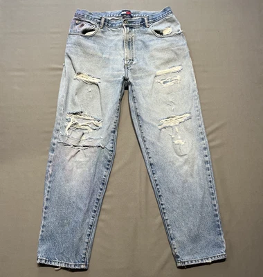 VINTAGE Tommy Hilfiger Jeans Mens 36x30 Blue Denim Jeans Thrashed Work 90s Y2K - Image 1 of 4