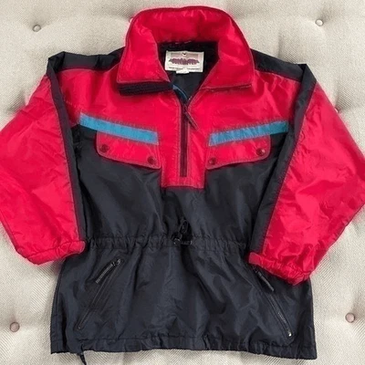 Vintage 90s Obermeyer Lightweight Half Zip Pullover Jacket Hood Bold Black Red S - Image 1 of 4