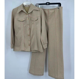Vintage 70s Womens Plaid Pantsuit Sz M Handmade Mod Groovy Disco Bell Bottom - Picture 1 of 8