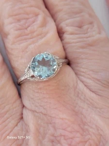  Estate Platinum And Blue Topaz Ring - Picture 1 of 15