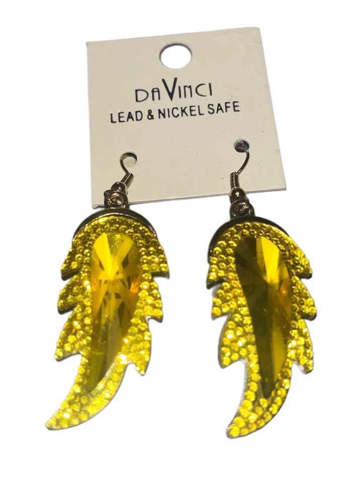 DA Vinci Lead And Nickel Safe Glamorous Yellow Rhinestone Feather Earrings - Image 1 of 3