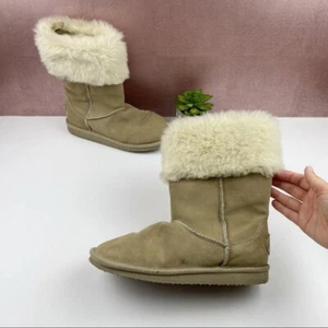 American Eagle Outfitters Tan Cream Brown Suede Faux Fur Boots Women Size 9 - Picture 1 of 9