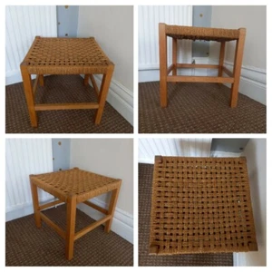 VINTAGE- Wooden Wicker Ratten Woven Square Table Seat Stand Footsool - Boho Tiki - Picture 1 of 7