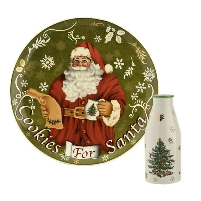 Spode Árbol de Navidad Papá Noel Porcelana 8,5 pulgadas Plato de Galletas y Botella de Leche 10 oz Foto 1 de 4