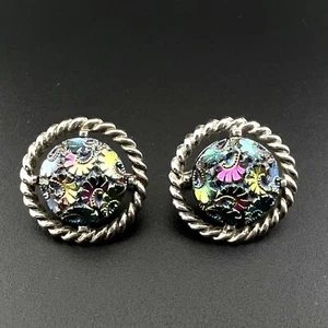 Vintage Sarah Coventry Multicolor Mosaic Floral Motif Clip Earrings - Picture 1 of 7